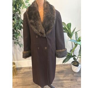 Vintage JP 1893 Women's Wool Brown Faux Fur Trim Double Breasted Coat Size 8
